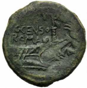 C. Marcius Censorinus, As, Rome, 88 BC, AE (g 11,33"; mm 29; h 8), Jugate heads of Numa Pompilius, bearbed, and Ancus Marcius, not bearbed, r.; on l., NVMA POMPILI; on r., [ANCVS MARCI], Rv. Two ships crossing; behind, spiral column on which statue of Victory; above, C CENSO / ROMA. Crawford 346/4a. Art Coins Roma 8, lot 350.